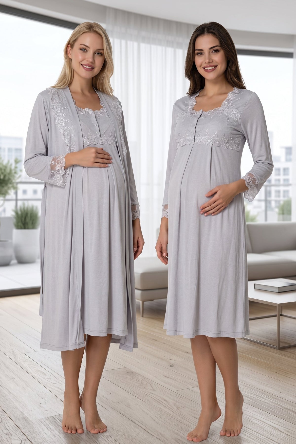 Lace Detailed Maternity Feeding-Friendly Nightgown & Robe Set Grey - T2402