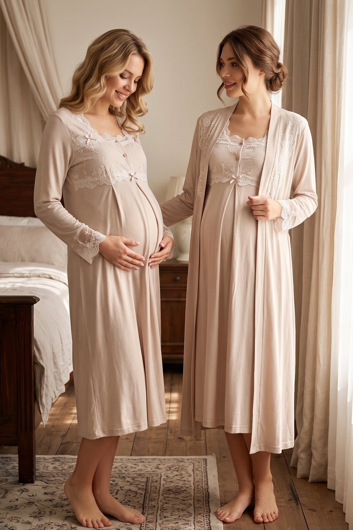 Lace Detailed Maternity Feeding-Friendly Nightgown & Robe Set Mink - T2402