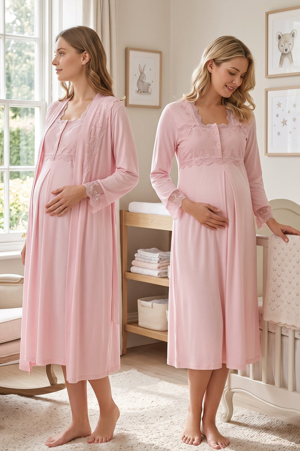 Lace Detailed Maternity Feeding-Friendly Nightgown & Robe Set Pink - T2402