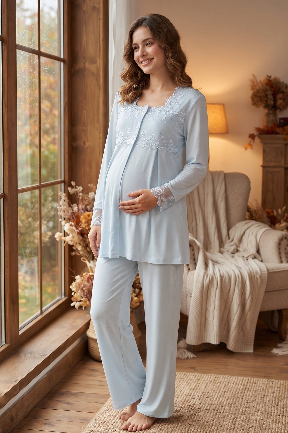Lace Detailed Maternity Feeding-Friendly Pajama Set Blue - T2403