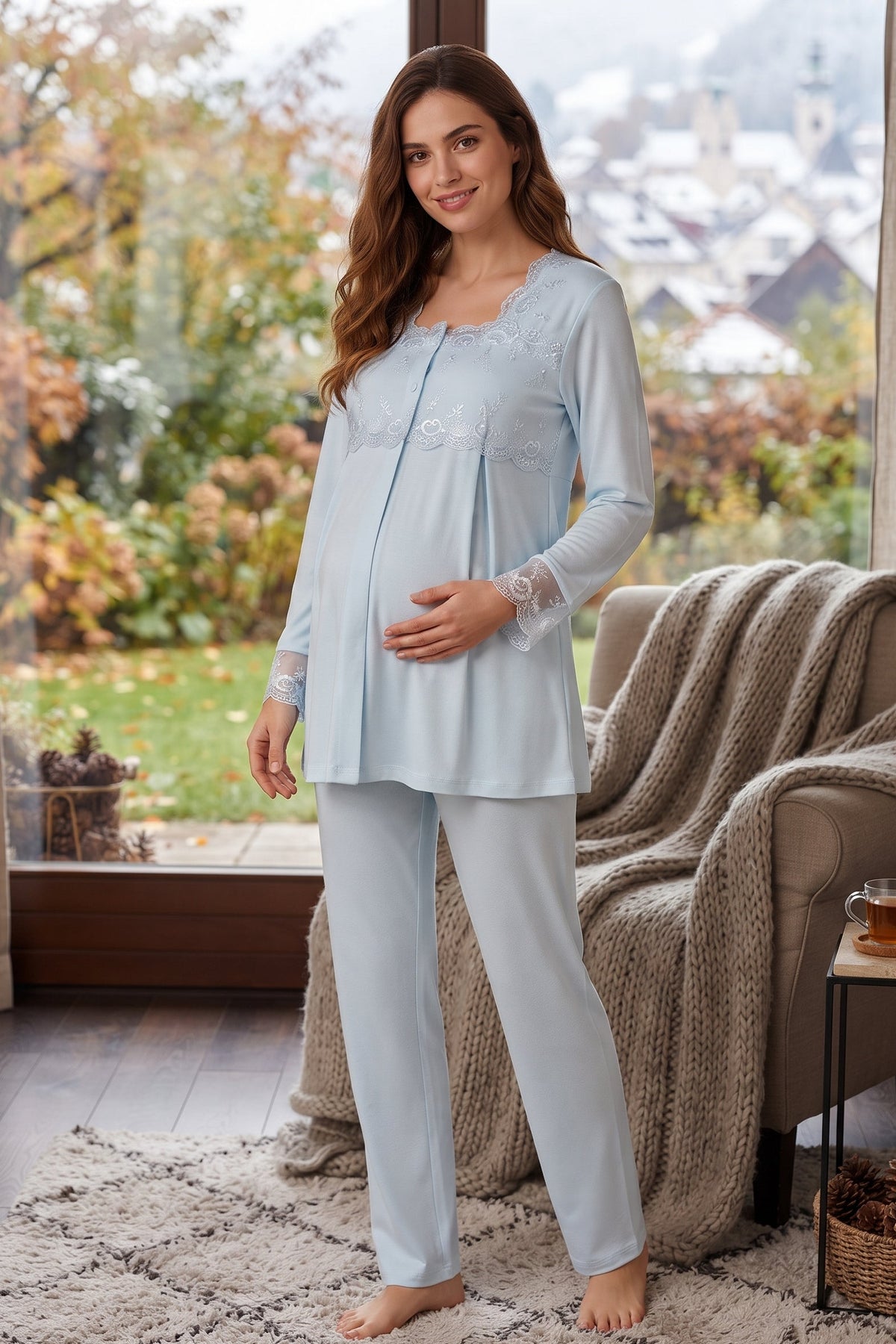 Lace Detailed Maternity Feeding-Friendly Pajama Set Blue - T2403