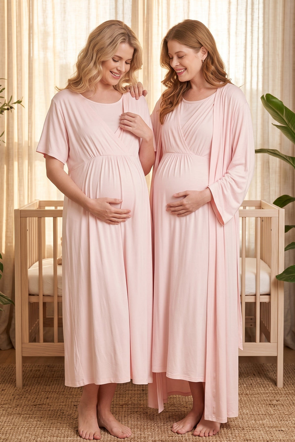 Double Breasted Maternity Feeding-Friendly Nightgown & Robe Set Pink - L2403