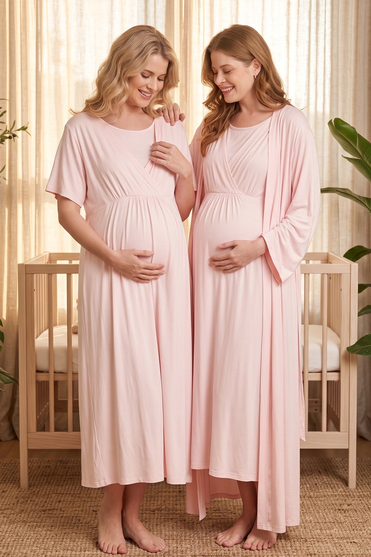 Double Breasted Maternity Feeding-Friendly Nightgown & Robe Set Pink - L2403