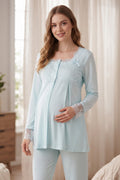 Lace Detailed Maternity Feeding-Friendly Pajama Set Turquoise - T2403