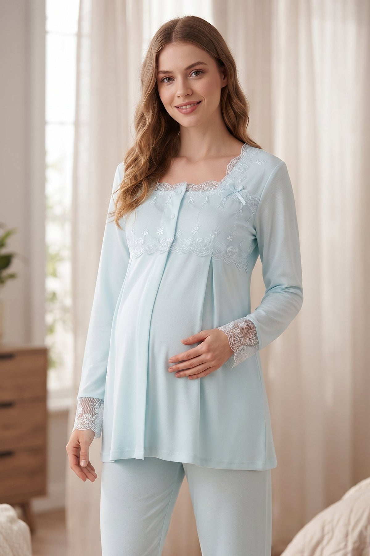 Lace Detailed Maternity Feeding-Friendly Pajama Set Turquoise - T2403