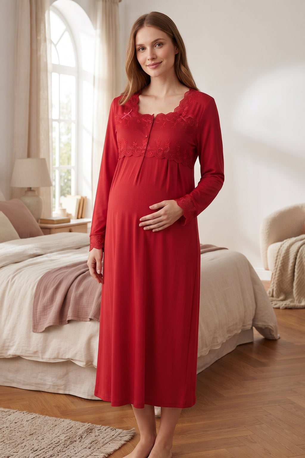 Lace Detailed Maternity Feeding-Friendly Nightgown Cherry - T2404