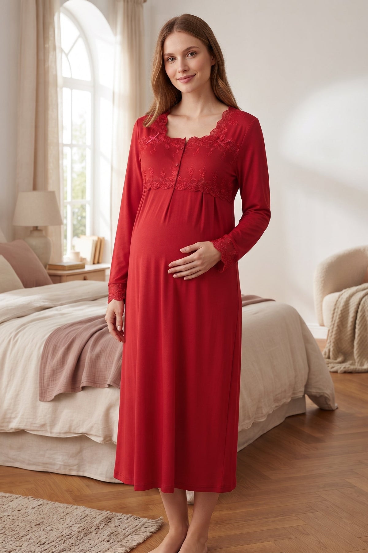 Lace Detailed Maternity Feeding-Friendly Nightgown Cherry - T2404