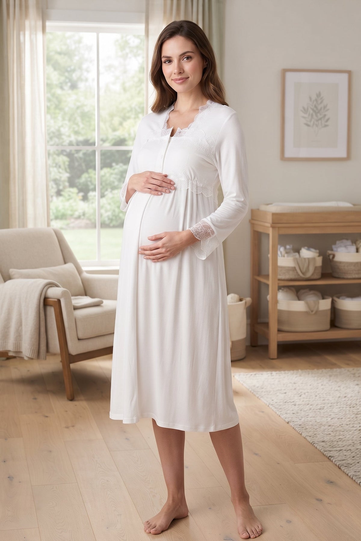 Lace Detailed Maternity Feeding-Friendly Nightgown Ecru - T2404