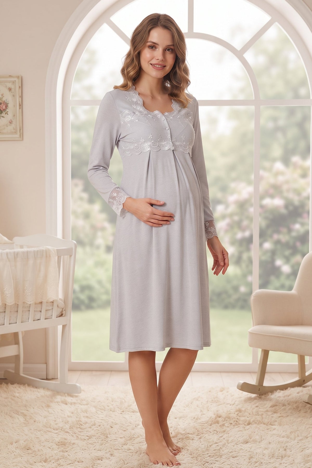 Lace Detailed Maternity Feeding-Friendly Nightgown Grey - T2404