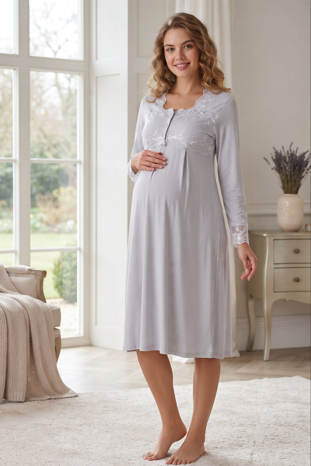 Lace Detailed Maternity Feeding-Friendly Nightgown Grey - T2404