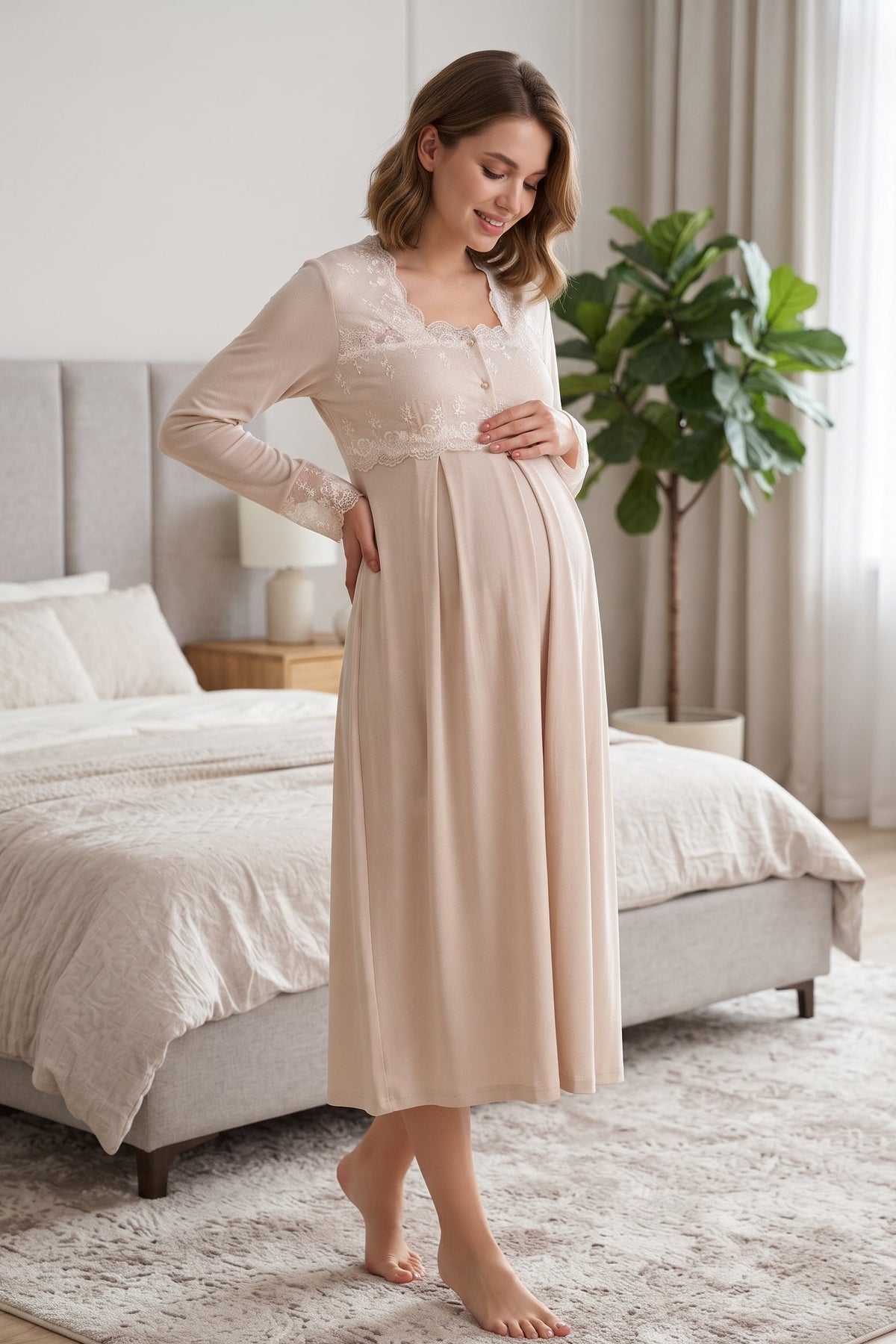 Lace Detailed Maternity Feeding-Friendly Nightgown Mink - T2404