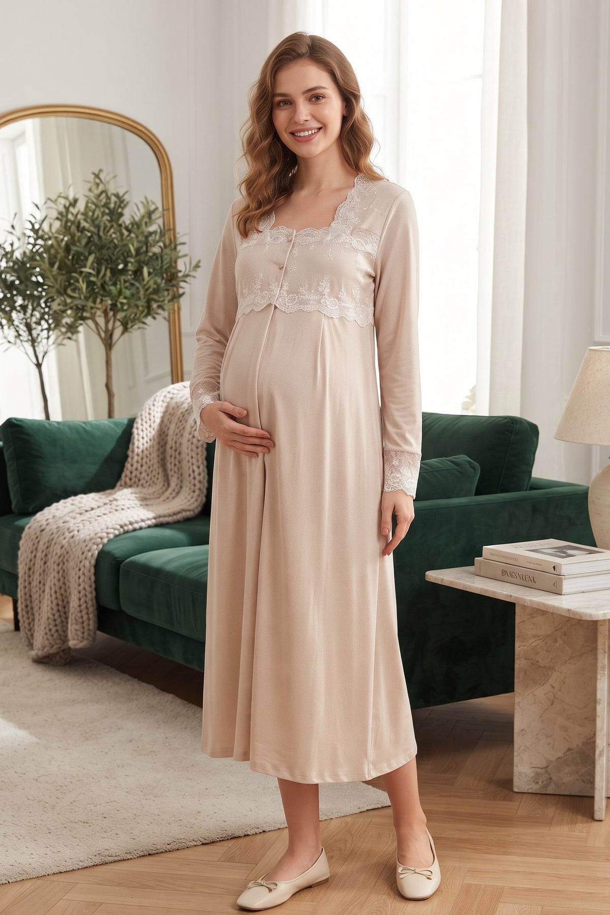 Lace Detailed Maternity Feeding-Friendly Nightgown Mink - T2404