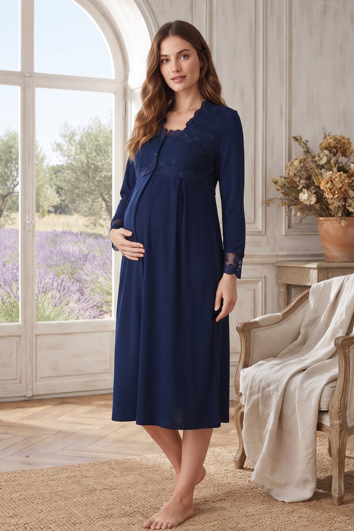 Lace Detailed Maternity Feeding-Friendly Nightgown Navy Blue - T2404