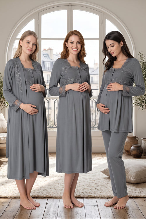 Lace Detailed 4-Piece Maternity Feeding-Friendly Set Anthracite - T2405