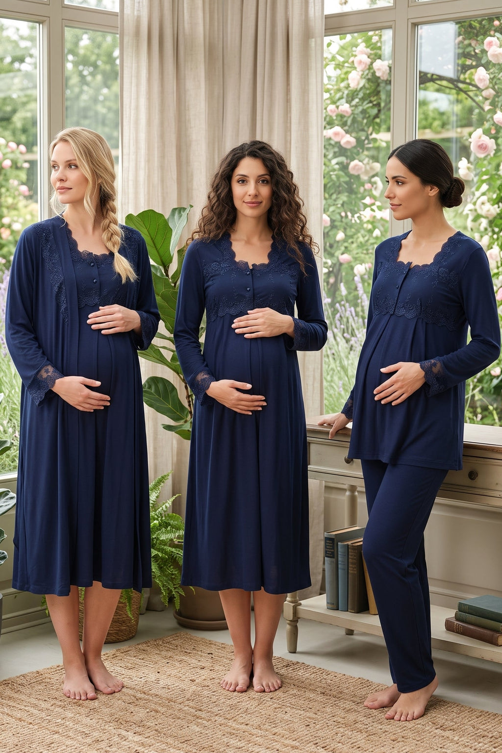 Lace Detailed 4-Piece Maternity Feeding-Friendly Set Navy Blue - T2405