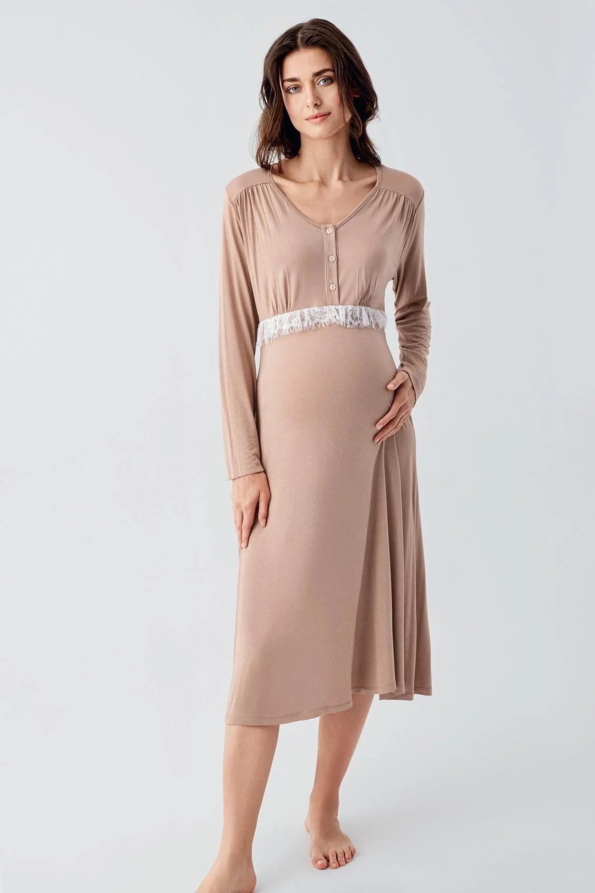 Lacy Maternity Feeding-Friendly Nightgown & Patterned Robe Set Beige - S24101