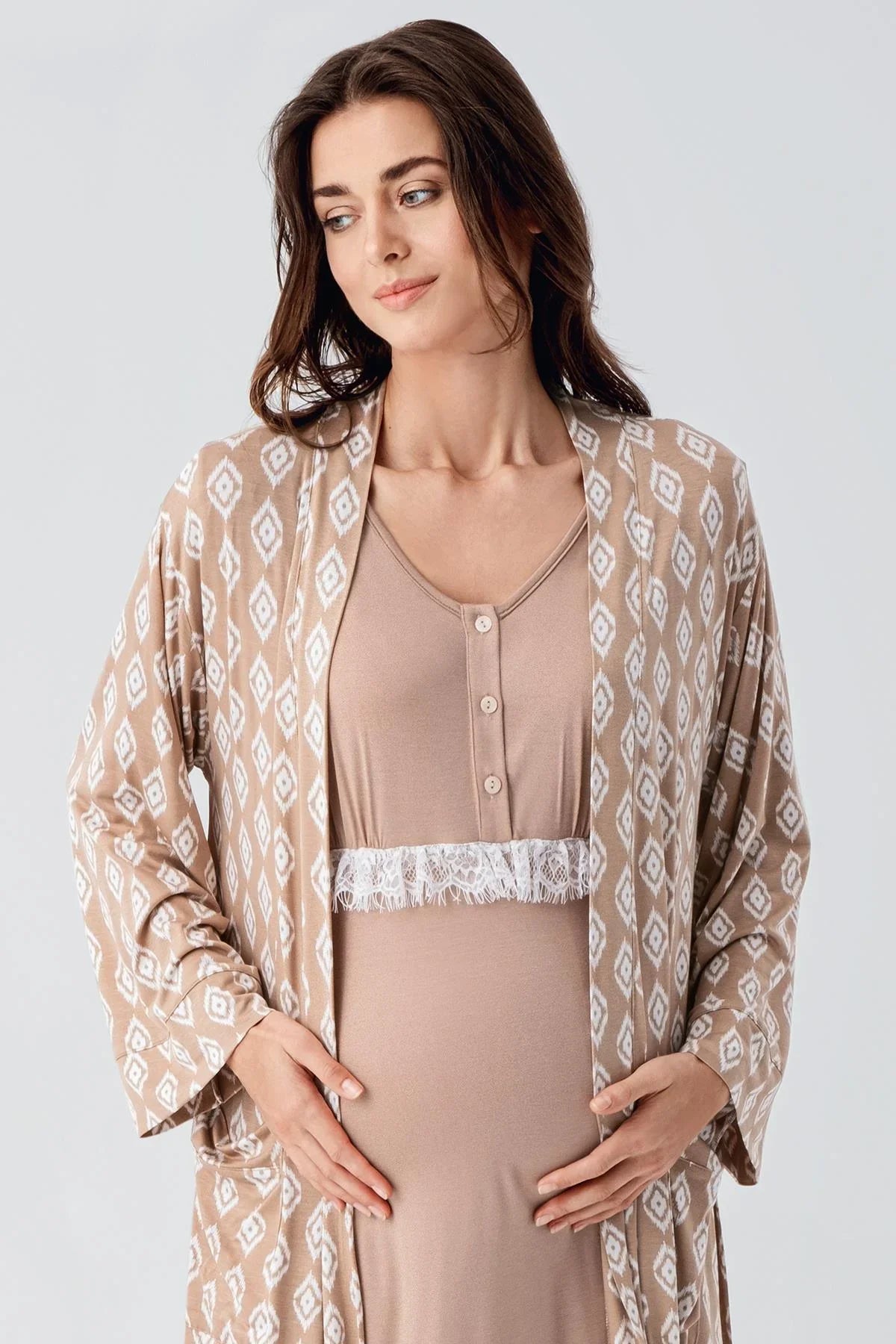 Lacy Maternity Feeding-Friendly Nightgown & Patterned Robe Set Beige - S24101
