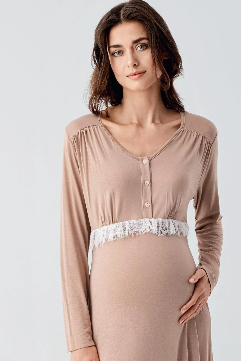 Lacy Maternity Feeding-Friendly Nightgown & Patterned Robe Set Beige - S24101