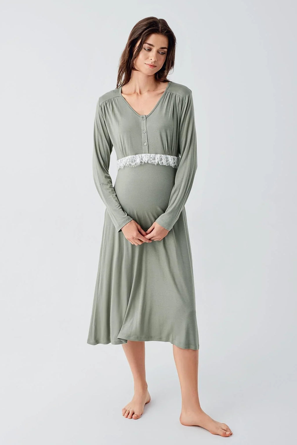 Lacy Maternity Feeding-Friendly Nightgown & Patterned Robe Set Green - S24101