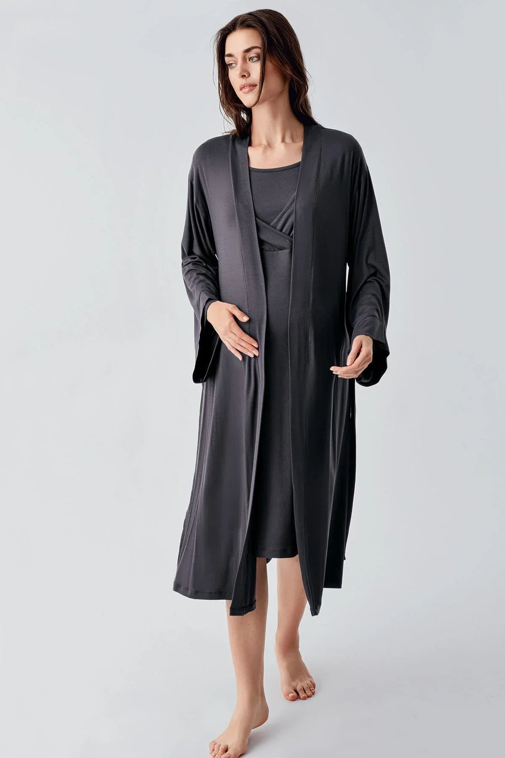 Soft Wrap 2-Piece Maternity Feeding-Friendly Nightgown & Robe Set Anthracite - S24105