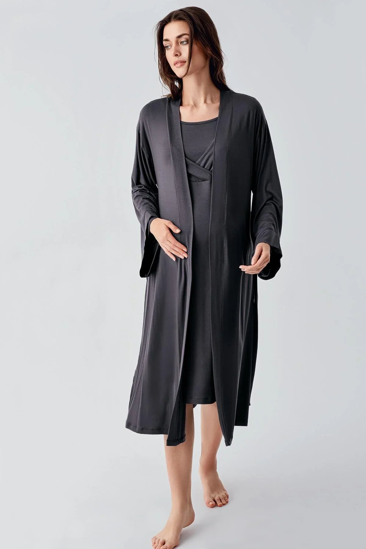 Soft Wrap 2-Piece Maternity Feeding-Friendly Nightgown & Robe Set Anthracite - S24105