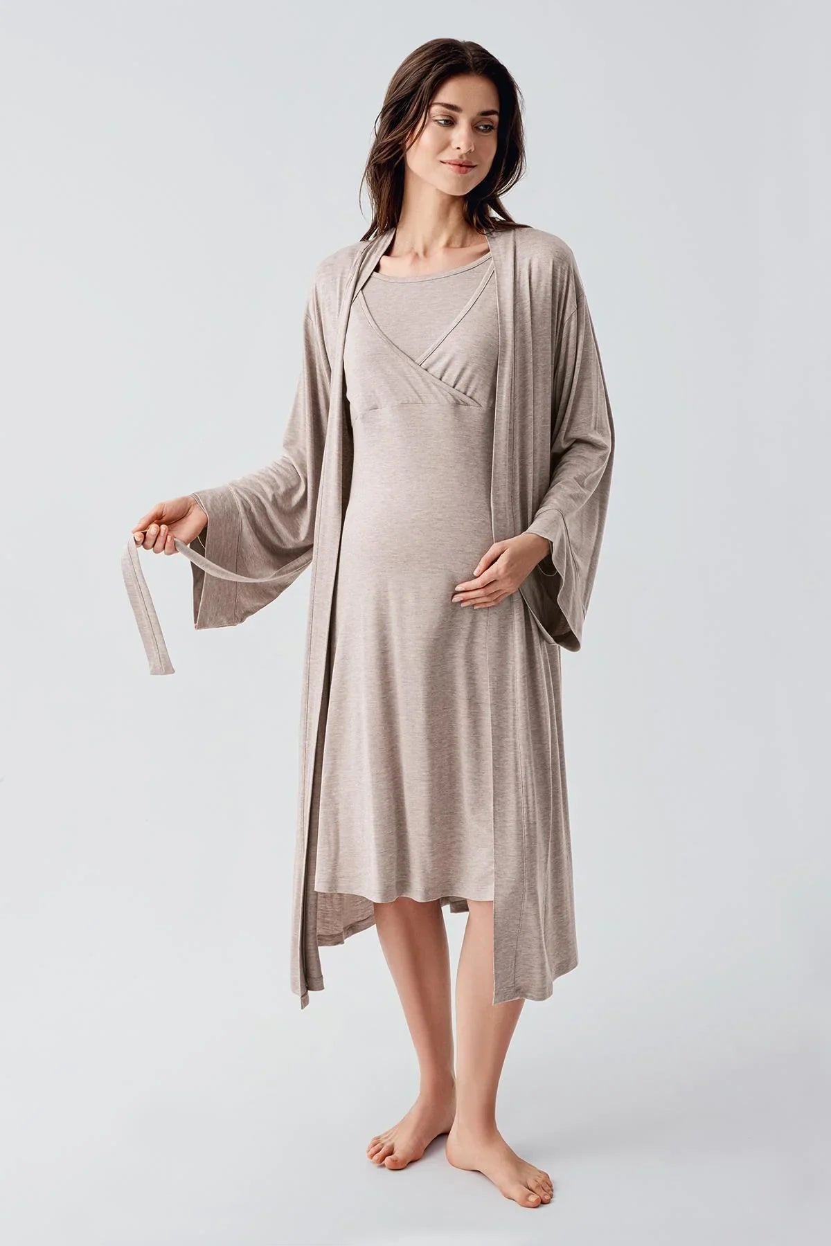 Soft Wrap 2-Piece Maternity Feeding-Friendly Nightgown & Robe Set Beige - S24105