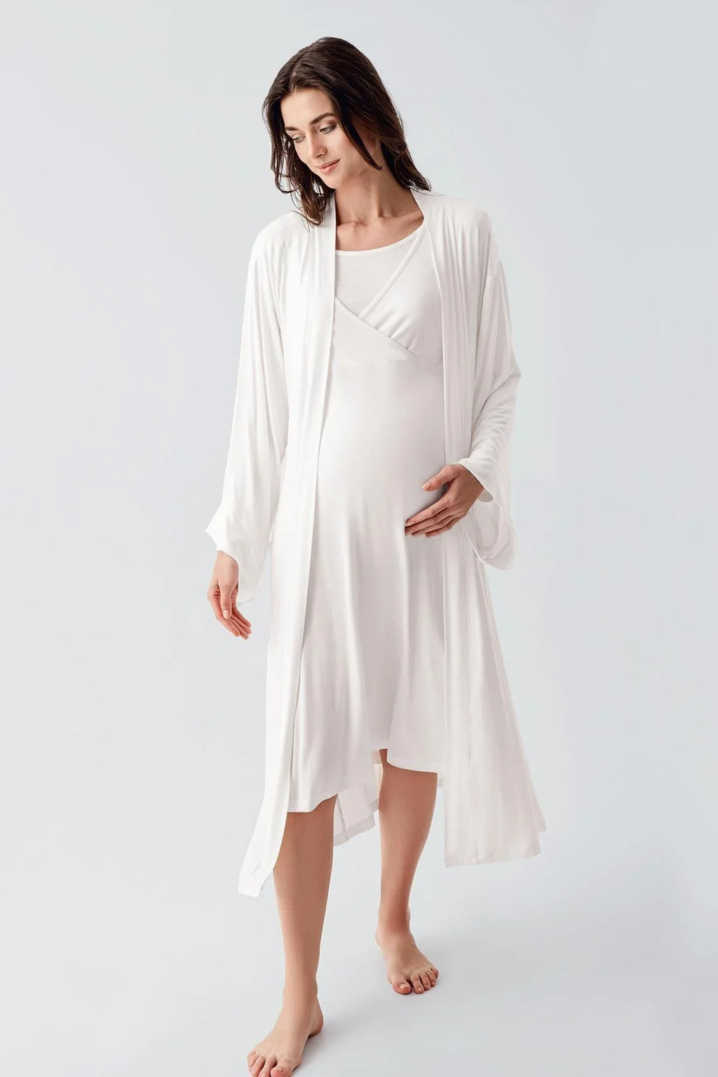 Soft Wrap 2-Piece Maternity Feeding-Friendly Nightgown & Robe Set Ecru - S24105