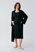 Soft Wrap 2-Piece Maternity Feeding-Friendly Nightgown & Robe Set Black - S24105