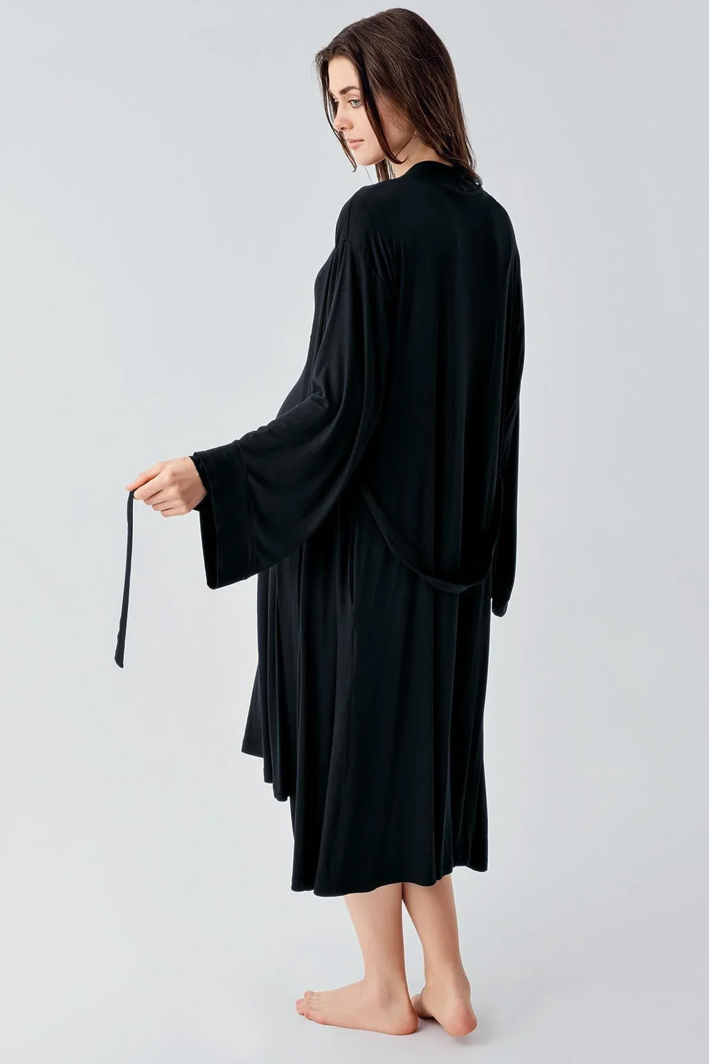Soft Wrap 2-Piece Maternity Feeding-Friendly Nightgown & Robe Set Black - S24105