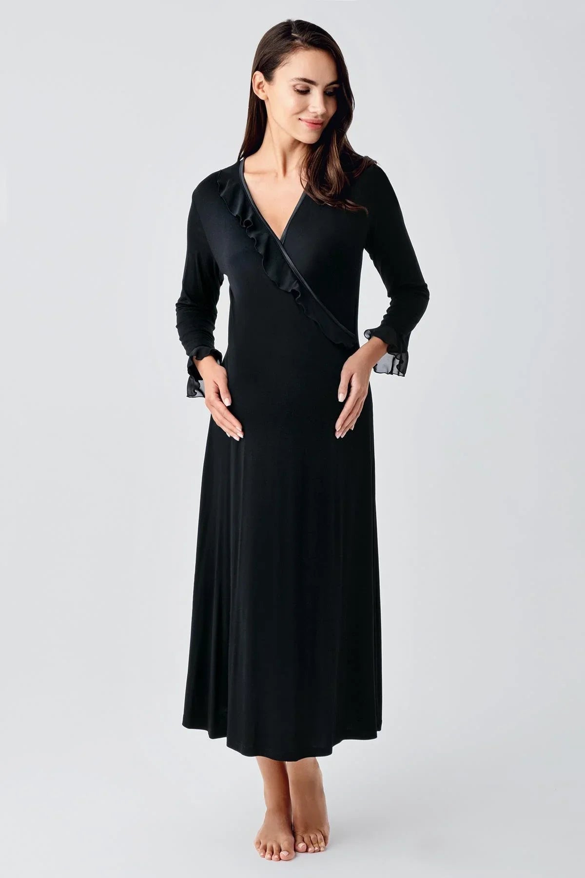 Chiffon Double Breasted Maternity Feeding-Friendly Nightgown & Flywheel Arm Robe Set Black - S24106