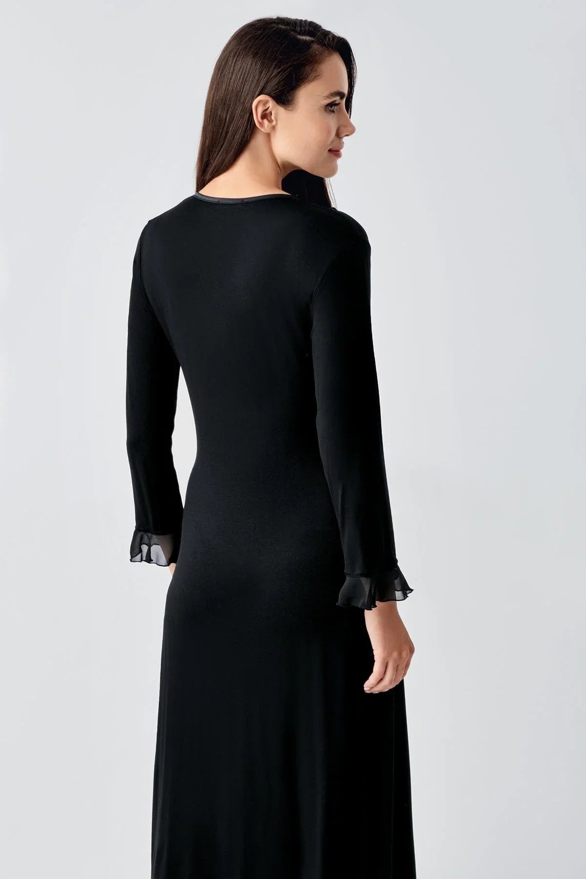 Chiffon Double Breasted Maternity Feeding-Friendly Nightgown & Flywheel Arm Robe Set Black - S24106