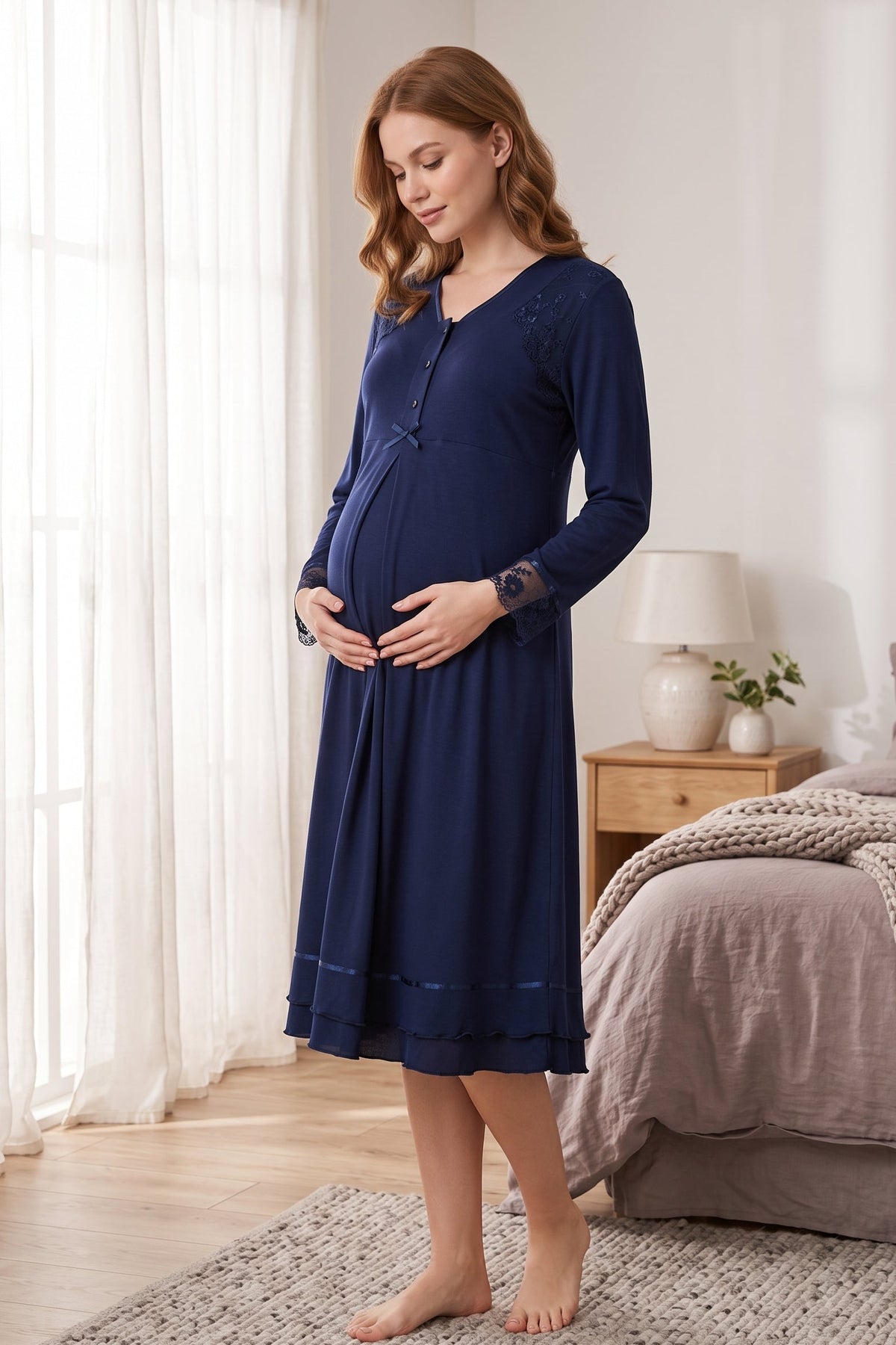 Lace Sleeve and Collar Maternity Feeding-Friendly Nightgown Navy Blue - T2423