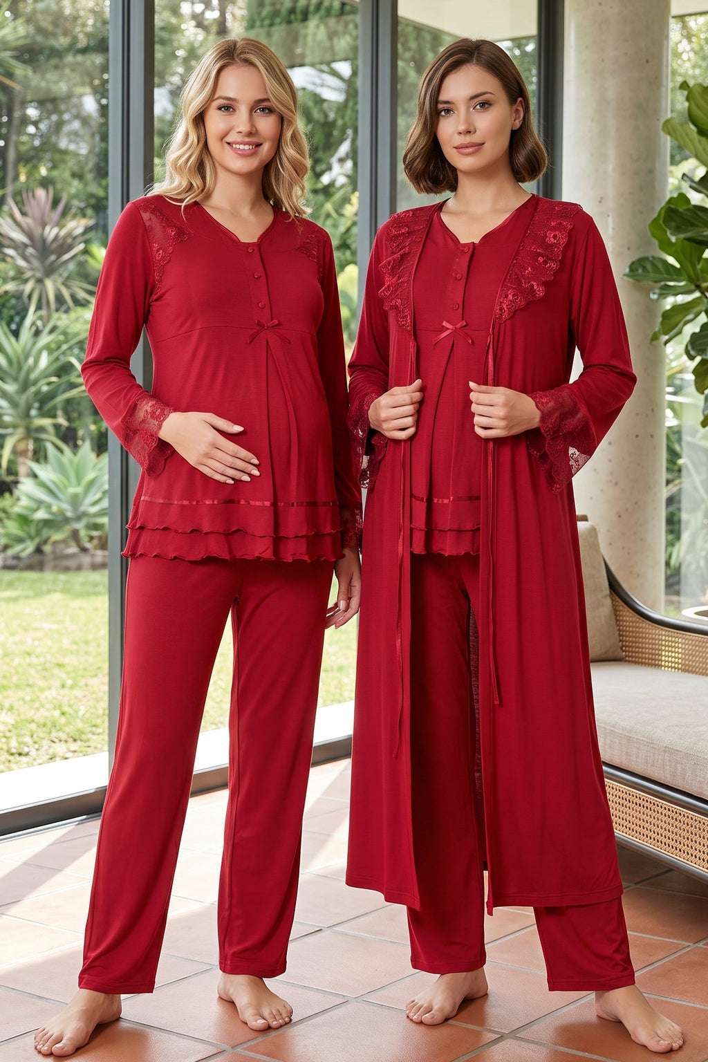 Lace Sleeve and Collar 3-Piece Maternity Feeding-Friendly Pajama & Robe Set Cherry - T2424