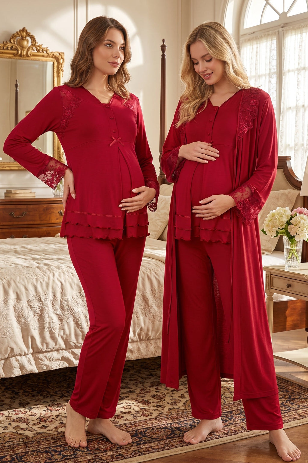 Lace Sleeve and Collar 3-Piece Maternity Feeding-Friendly Pajama & Robe Set Cherry - T2424