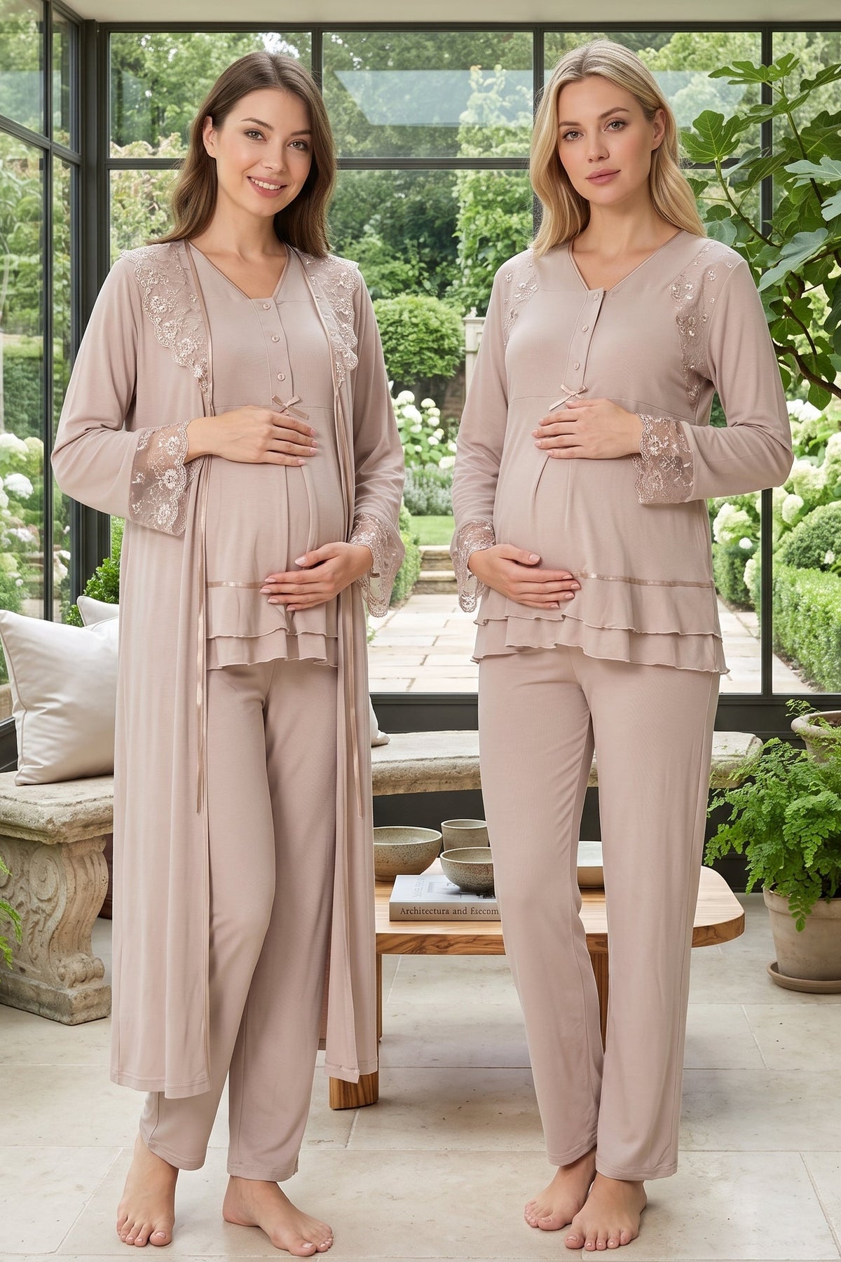 أكمام الدانتيل والياقة 3-Piece Pajama & Robe Set Mink الصديقة للأمومة - T2424