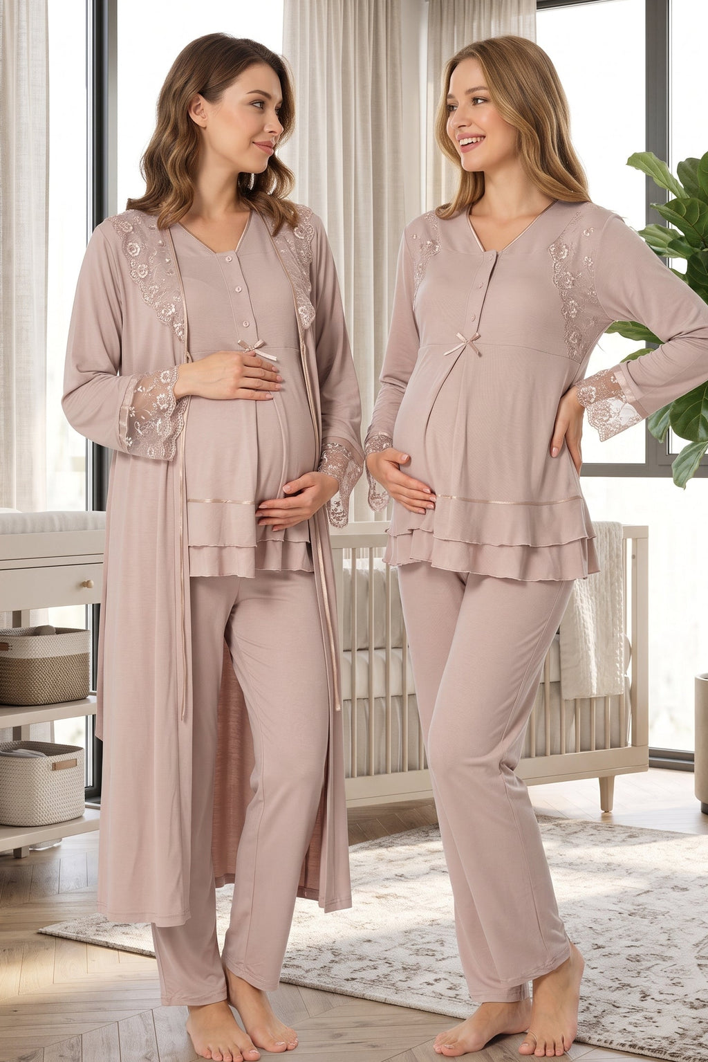 أكمام الدانتيل والياقة 3-Piece Pajama & Robe Set Mink الصديقة للأمومة - T2424
