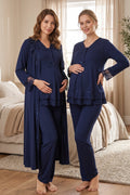 Lace Sleeve and Collar 3-Piece Maternity Feeding-Friendly Pajama & Robe Set Navy Blue - T2424