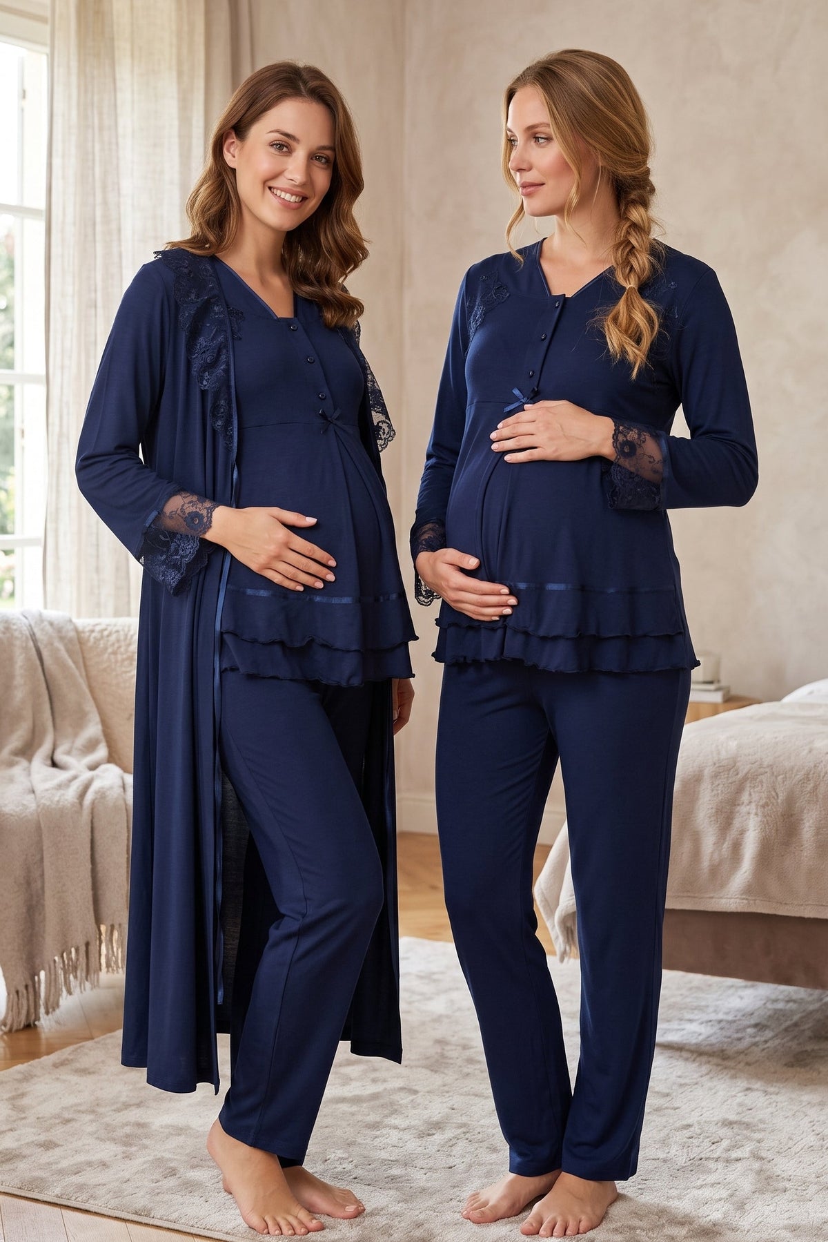 Lace Sleeve and Collar 3-Piece Maternity Feeding-Friendly Pajama & Robe Set Navy Blue - T2424
