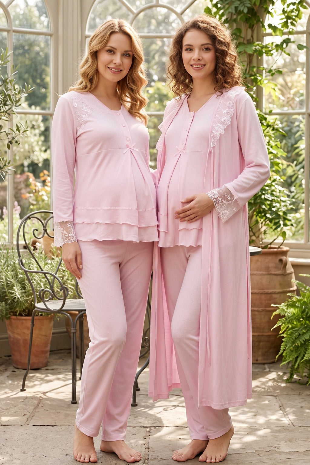 Lace Sleeve and Collar 3-Piece Maternity Feeding-Friendly Pajama & Robe Set Pink - T2424