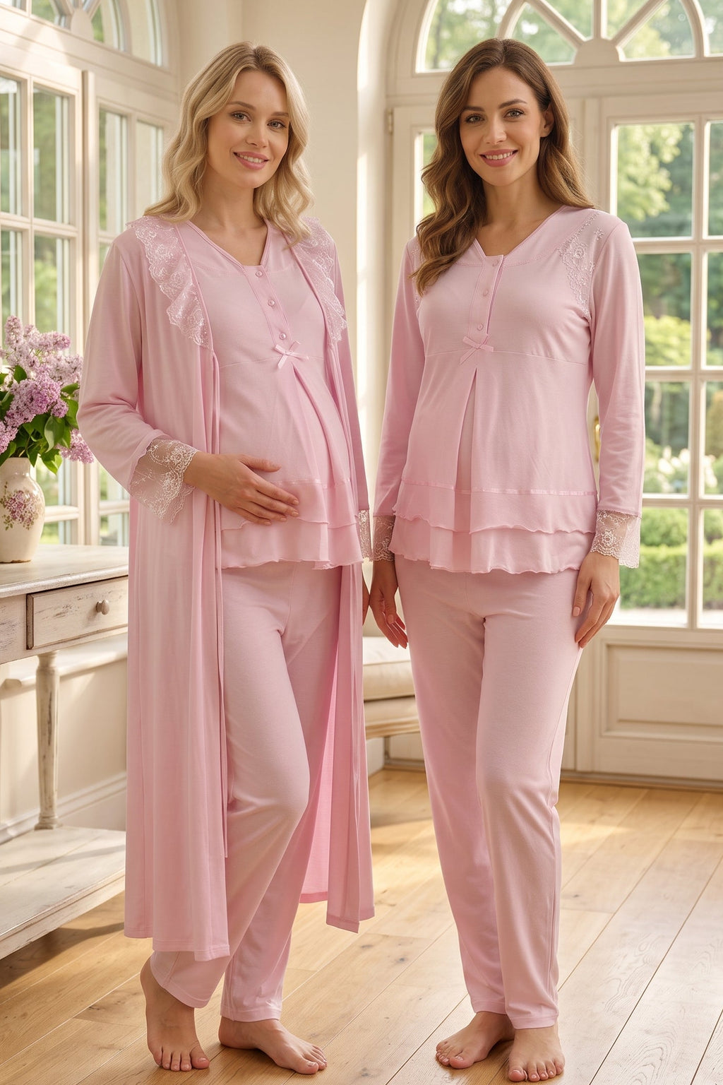 Lace Sleeve and Collar 3-Piece Maternity Feeding-Friendly Pajama & Robe Set Pink - T2424