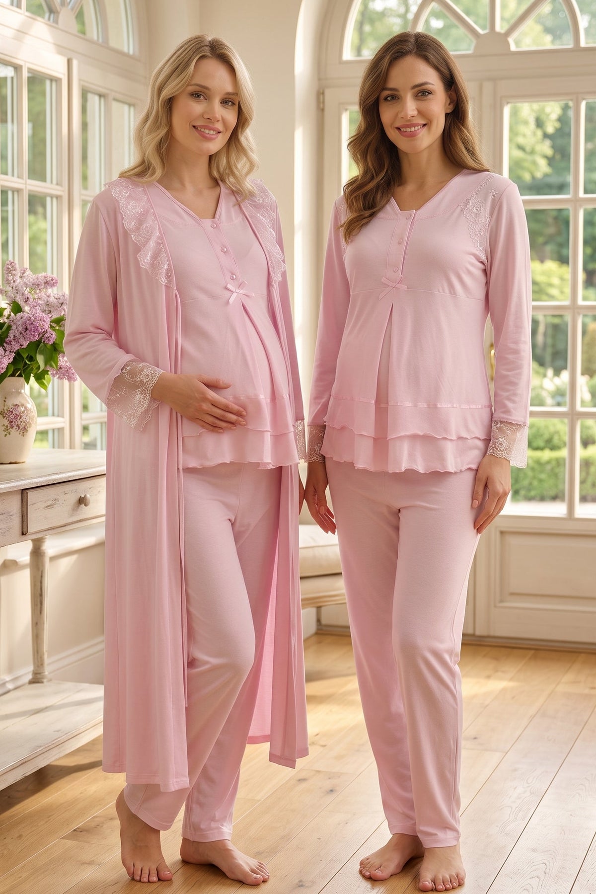 Lace Sleeve and Collar 3-Piece Maternity Feeding-Friendly Pajama & Robe Set Pink - T2424
