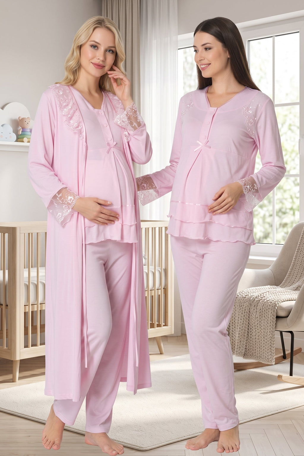 Lace Sleeve and Collar 3-Piece Maternity Feeding-Friendly Pajama & Robe Set Pink - T2424