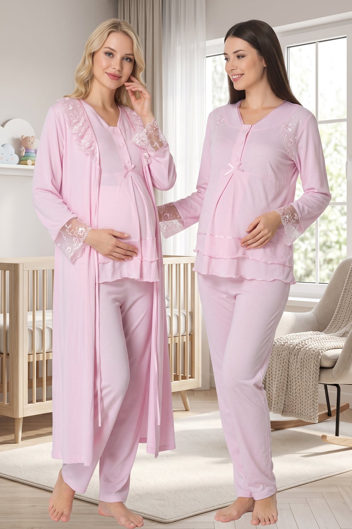 Lace Sleeve and Collar 3-Piece Maternity Feeding-Friendly Pajama & Robe Set Pink - T2424