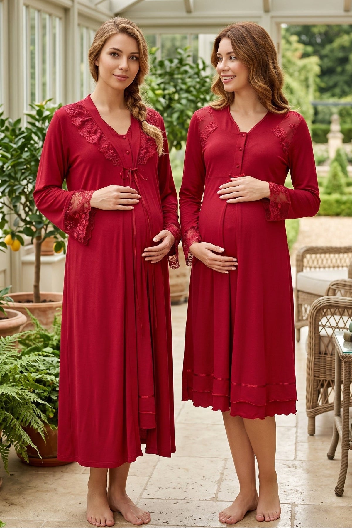 Lace Sleeve and Collar Maternity Feeding-Friendly Nightgown & Robe Set Cherry - T2425