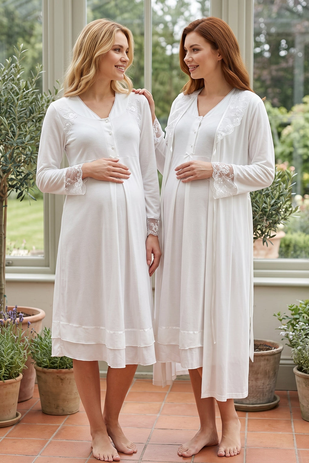 Lace Sleeve and Collar Maternity Feeding-Friendly Nightgown & Robe Set Ecru - T2425