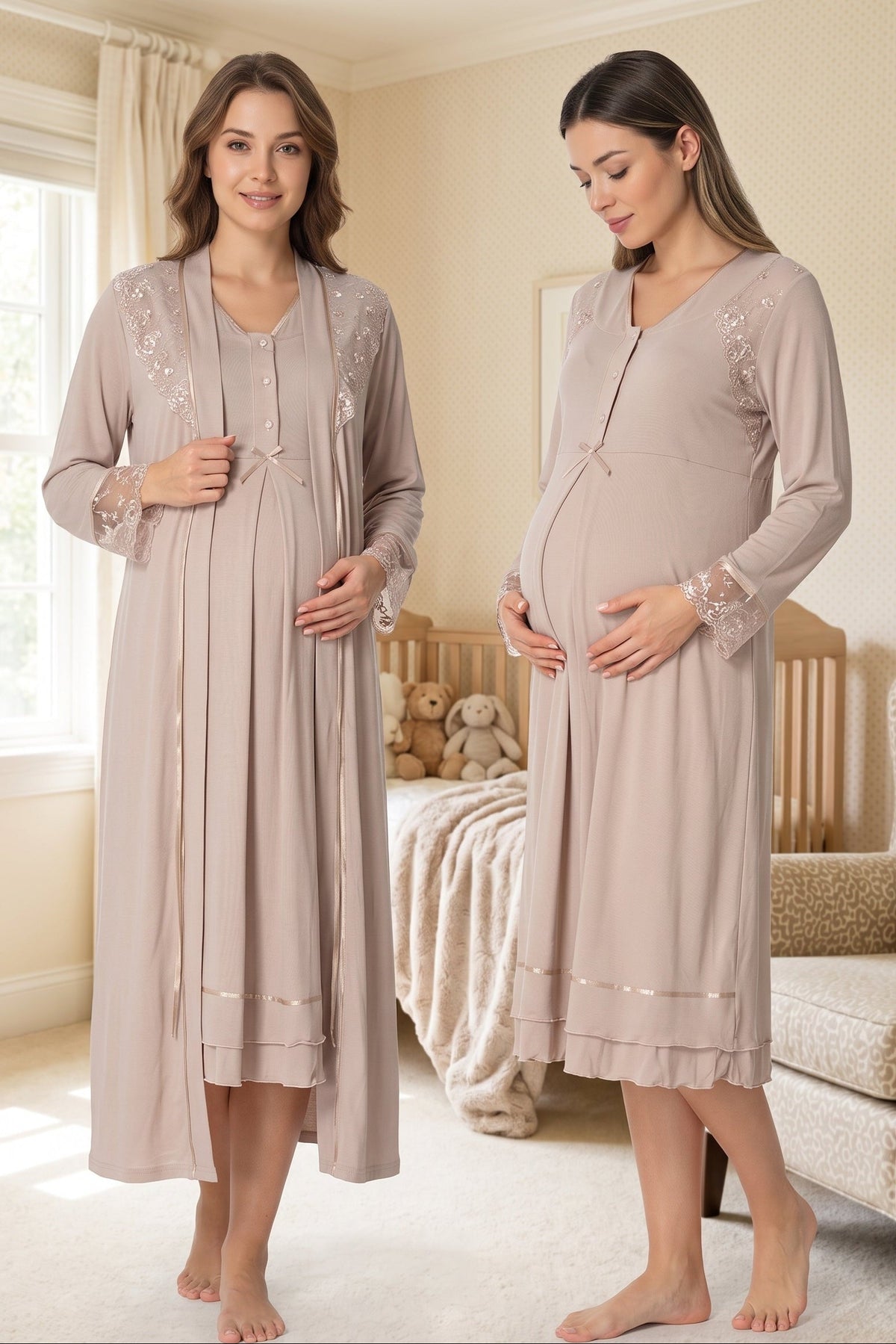 Lace Sleeve and Collar Maternity Feeding-Friendly Nightgown & Robe Set Mink - T2425