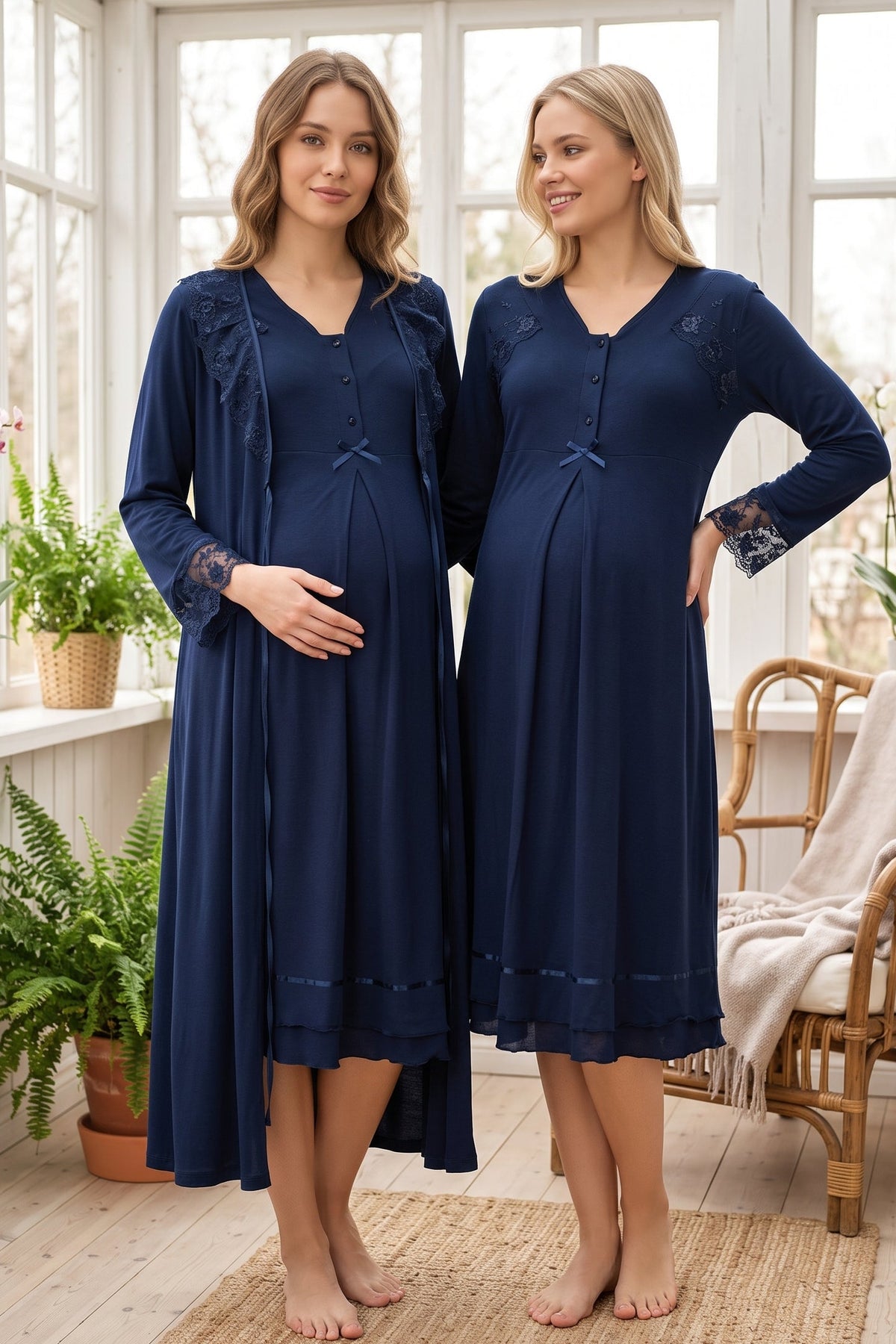 Lace Sleeve and Collar Maternity Feeding-Friendly Nightgown & Robe Set Navy Blue - T2425