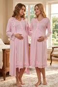 Lace Sleeve and Collar Maternity Feeding-Friendly Nightgown & Robe Set Pink - T2425