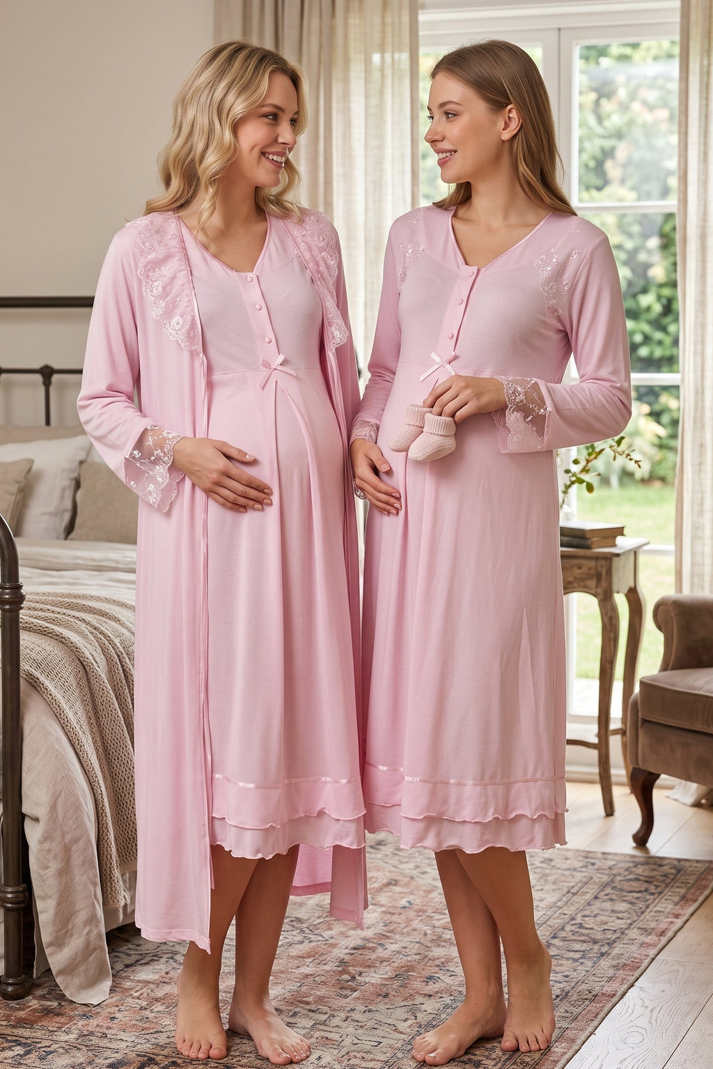 Lace Sleeve and Collar Maternity Feeding-Friendly Nightgown & Robe Set Pink - T2425