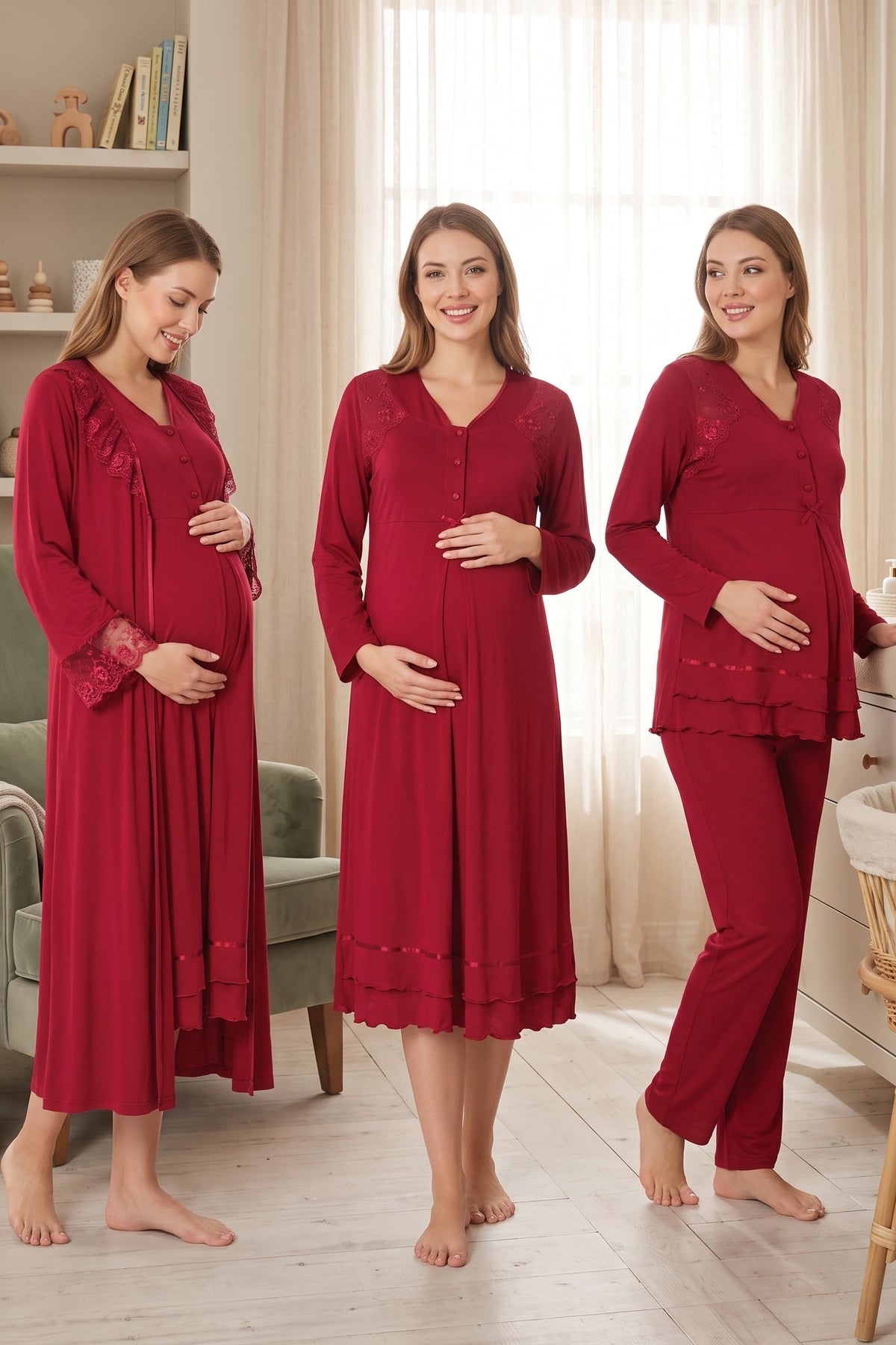 Lace Sleeve and Collar 4-Piece Maternity Feeding-Friendly Set Cherry - T2426